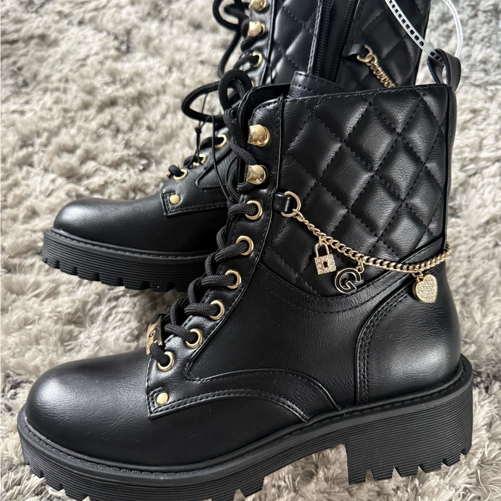 GBG Los Angeles Black Quilted Combat Boots with Gold Details